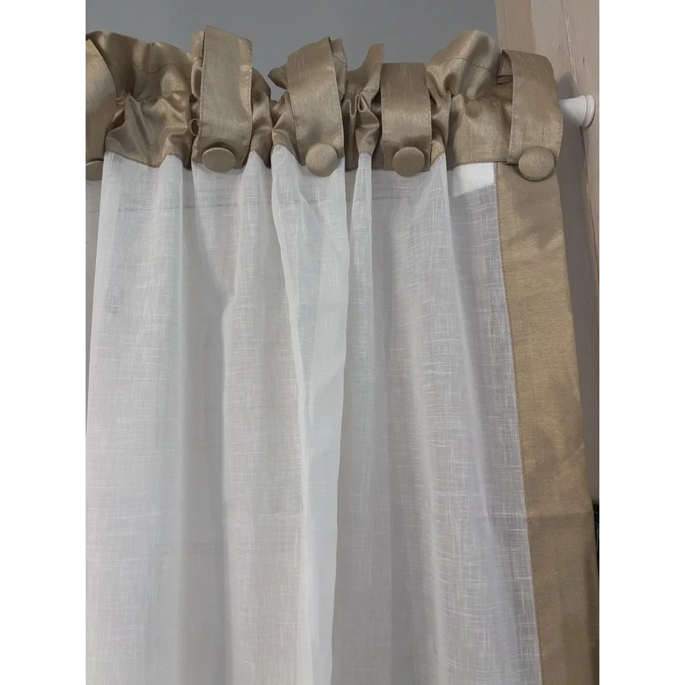 Sheer Curtain Tab Button Top Panels (4) White And Gold 60Wx63L Hollywood Regency